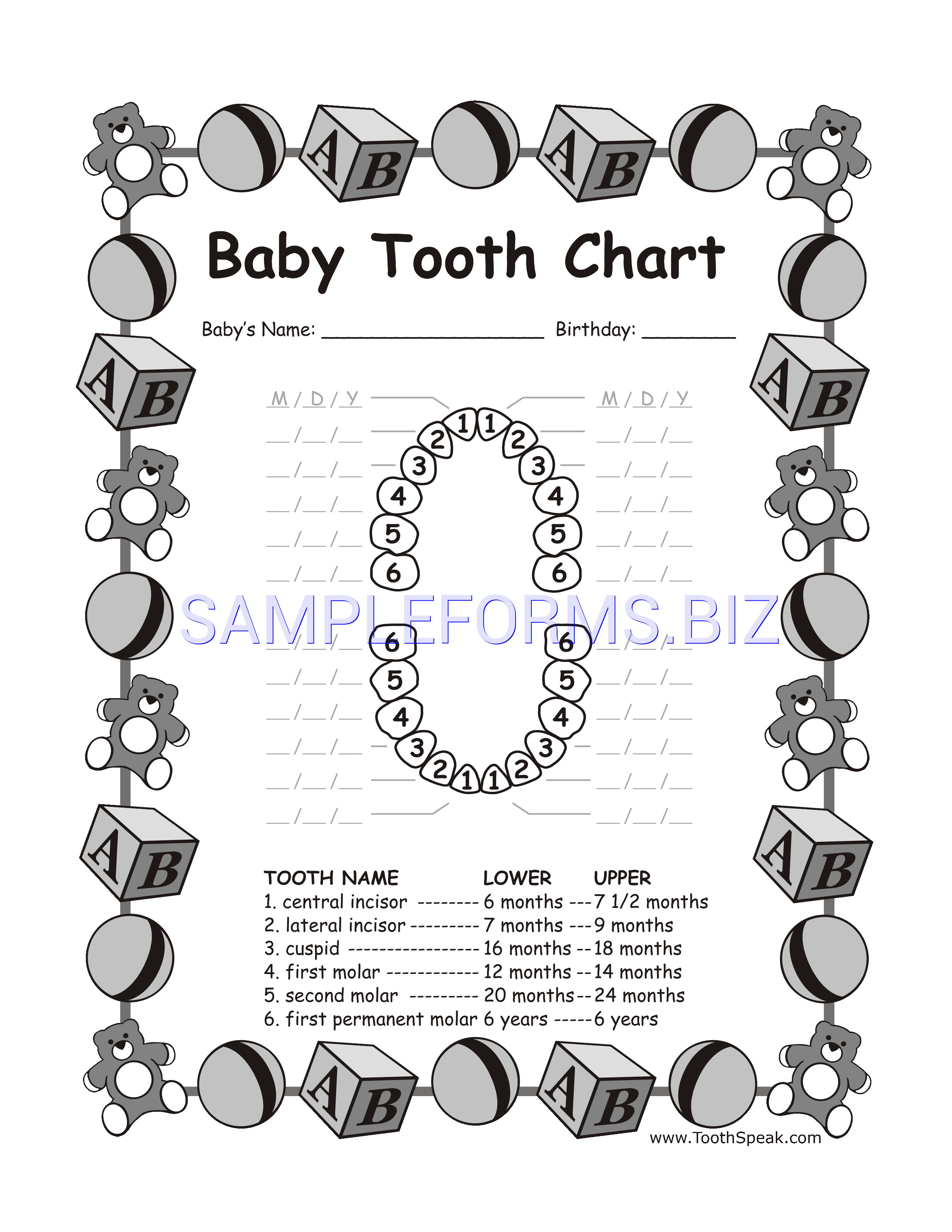Preview free downloadable Baby Teeth Chart 2 in PDF (page 1)